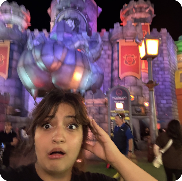 Isa in front of Bowser’s castle lit up at night