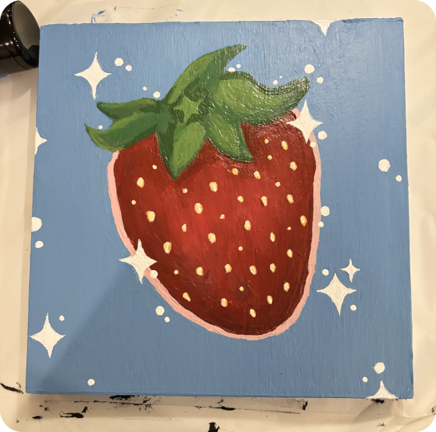 Acrylic painting of a strawberry on a blue background