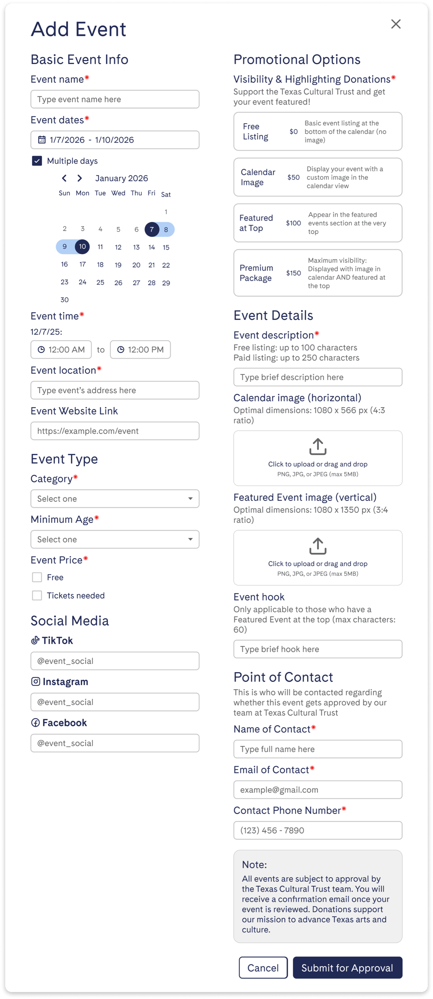 Add Event form with basic info, event type, social media, promotional options, event details, and point of contact