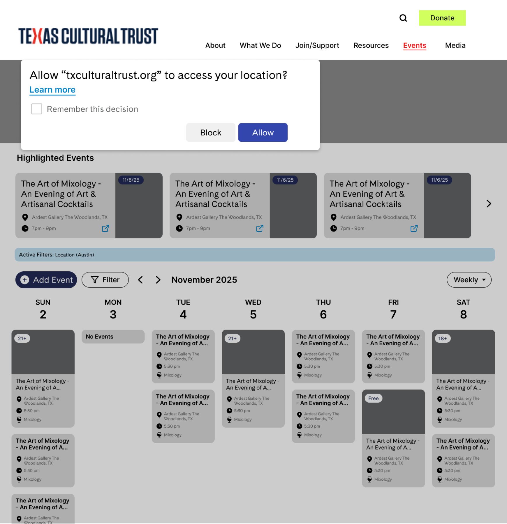 Events calendar with a browser prompt asking for location access