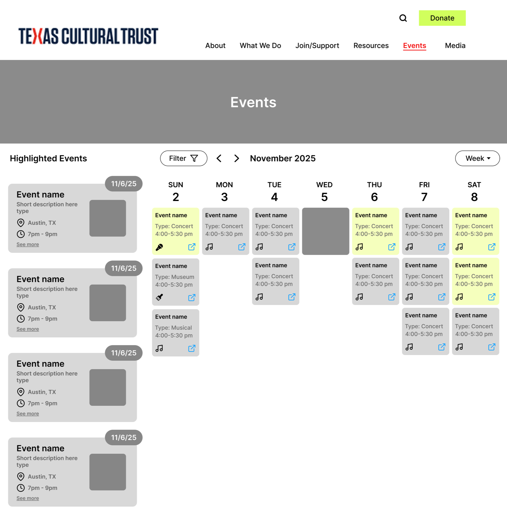 Events page with featured events in a column beside the calendar