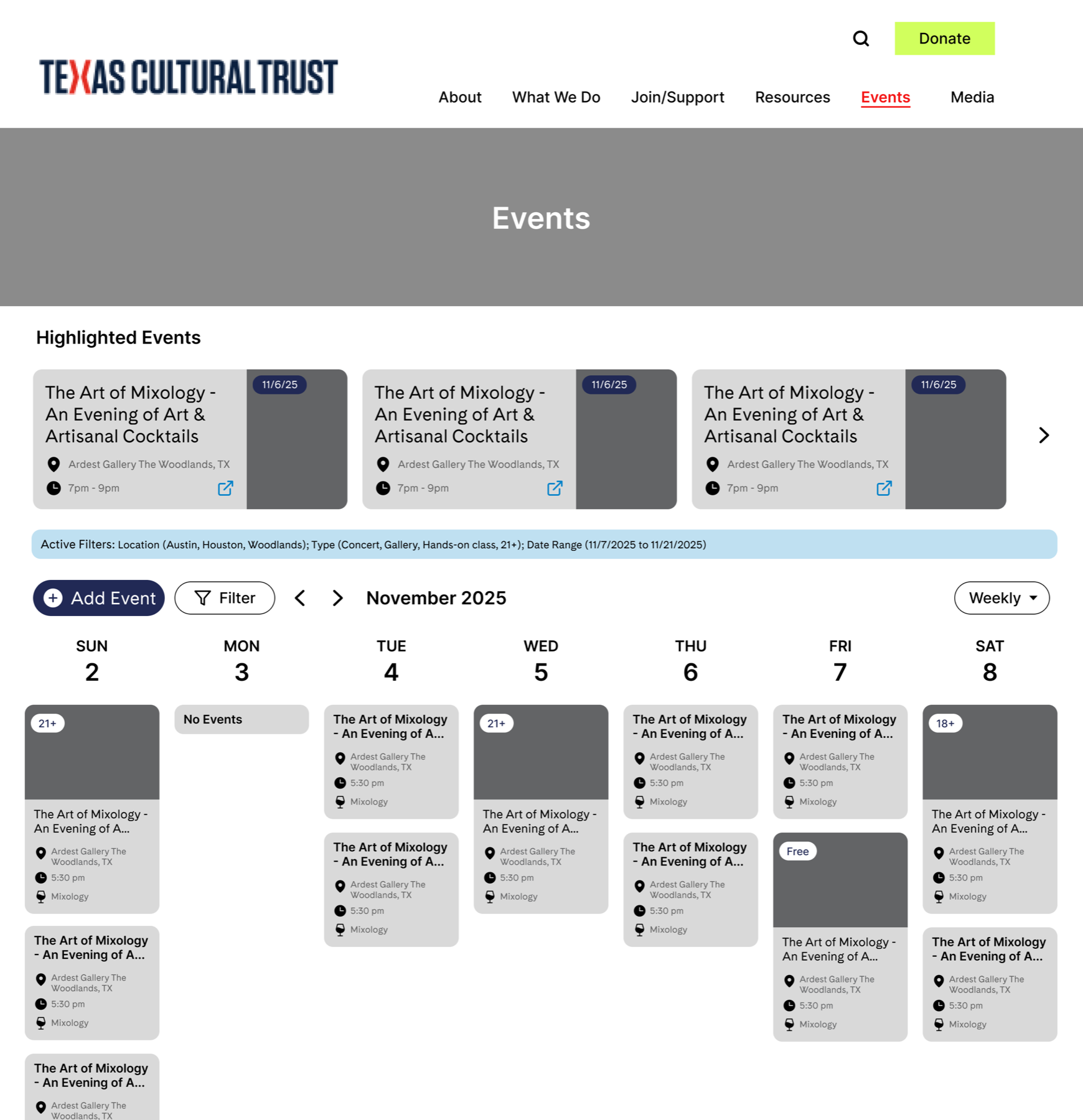 Events page with featured events in a row above the calendar