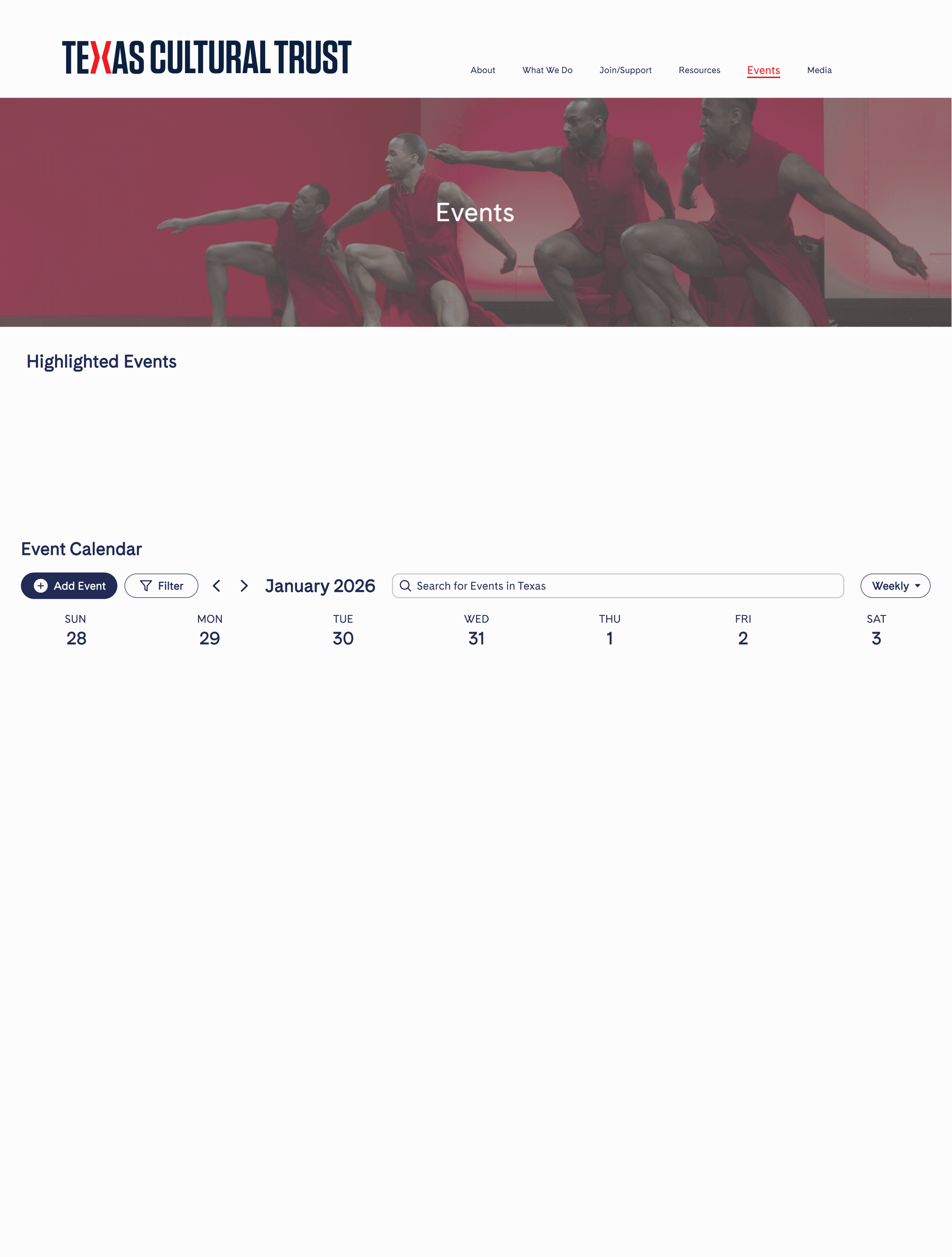 Final desktop Events page scrolling from the featured row to the weekly calendar