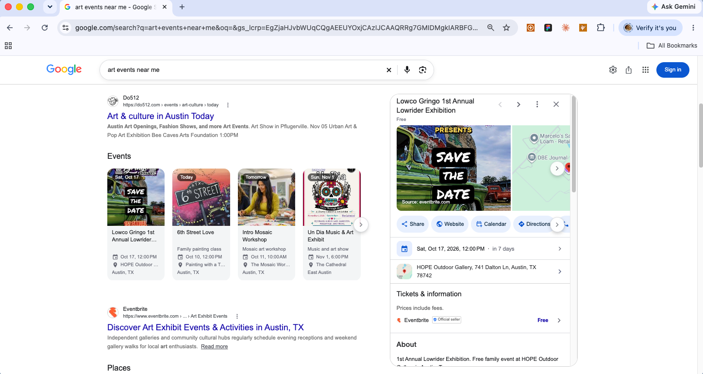 Google search results for art events near me