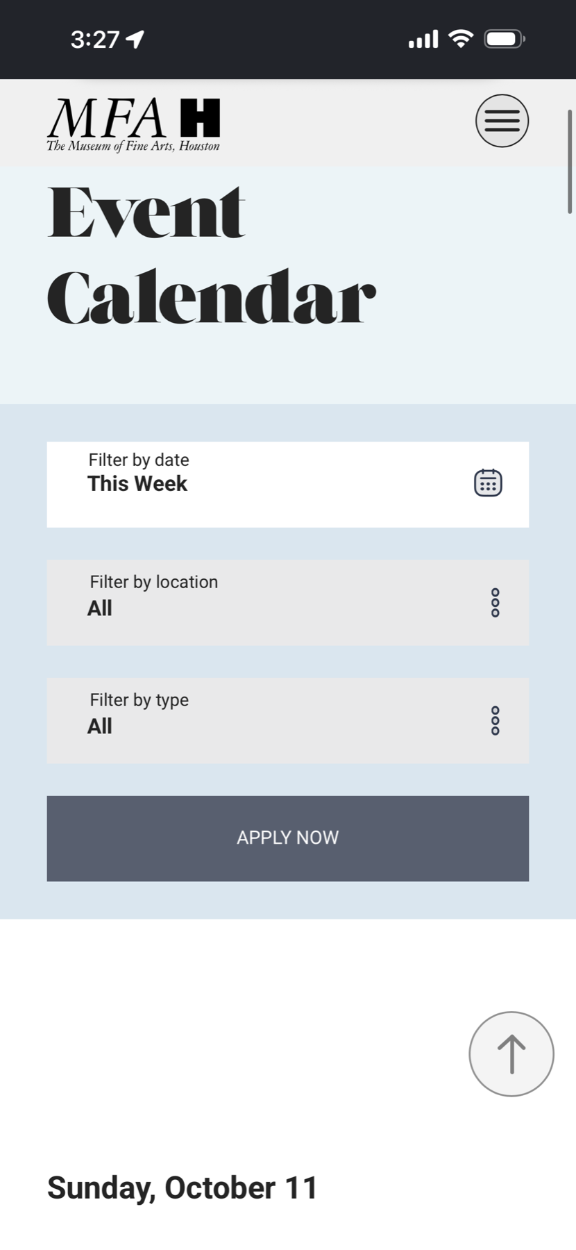 Museum of Fine Arts, Houston mobile event calendar filters