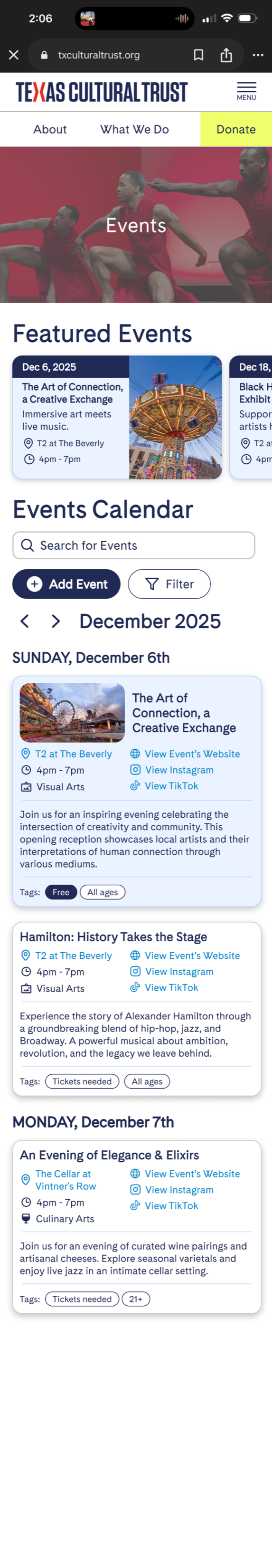 Final mobile Events page with featured events and expanded event cards