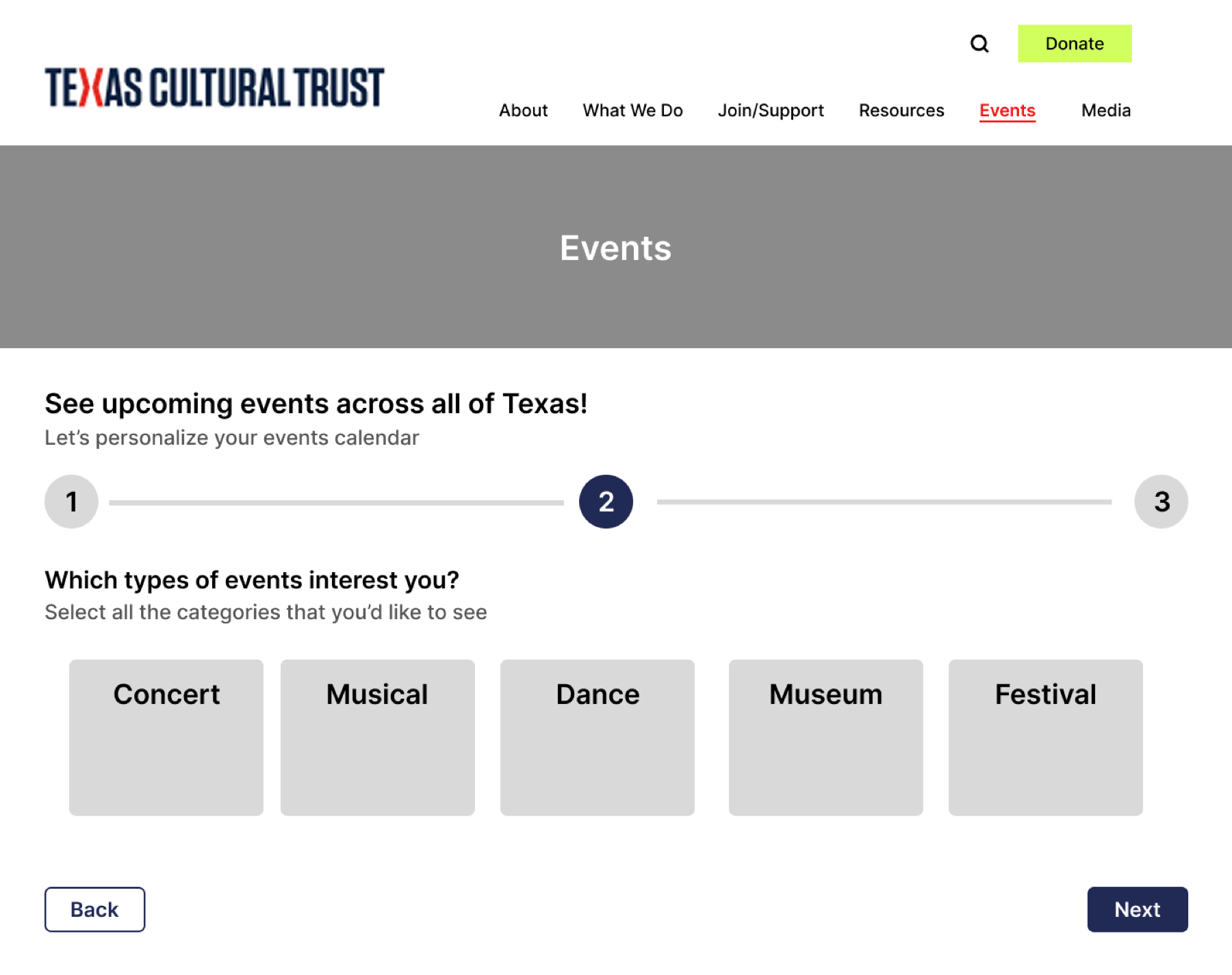 Onboarding quiz step 2: choose event types