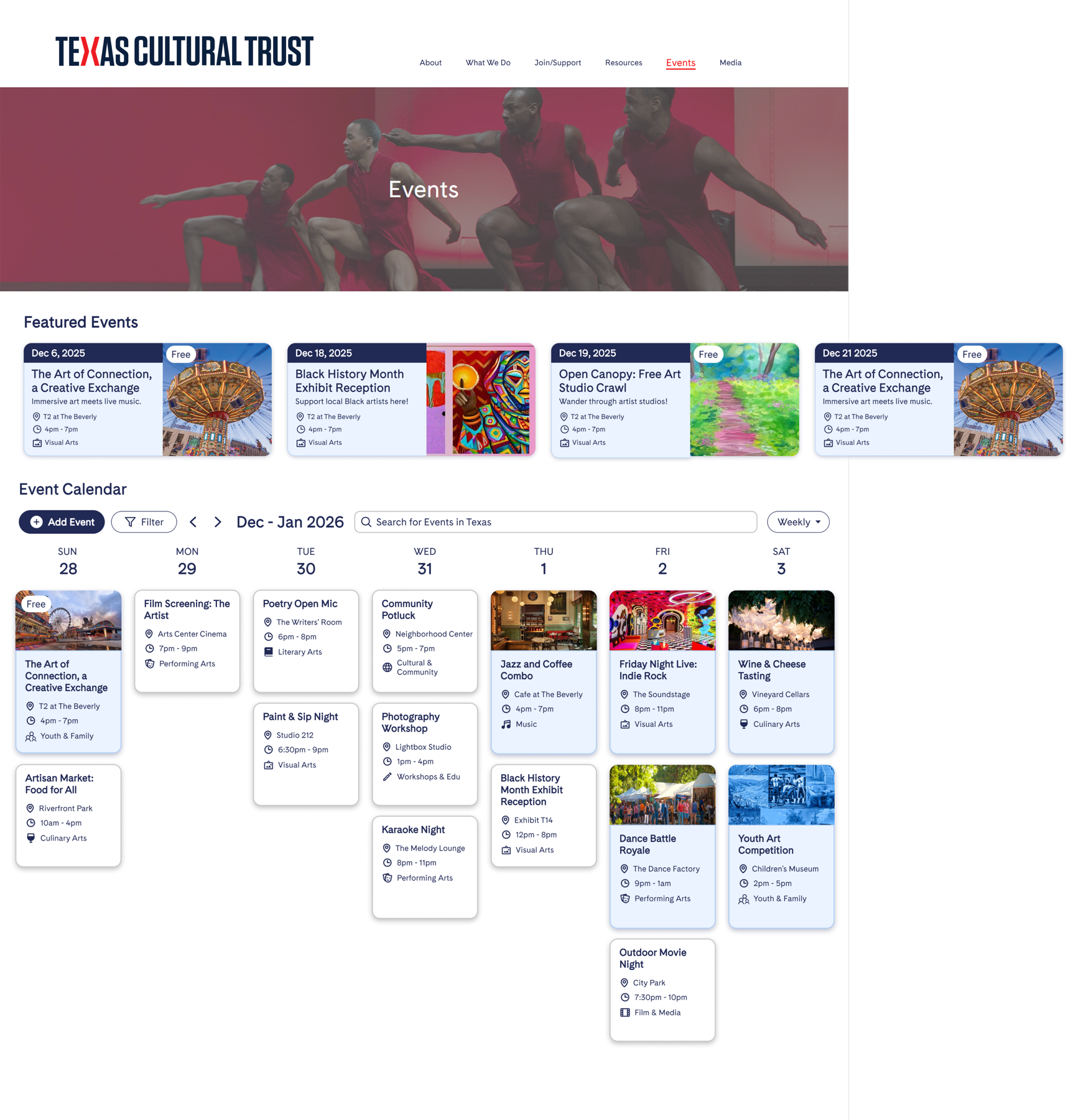 My weekly Events calendar with event cards under each day